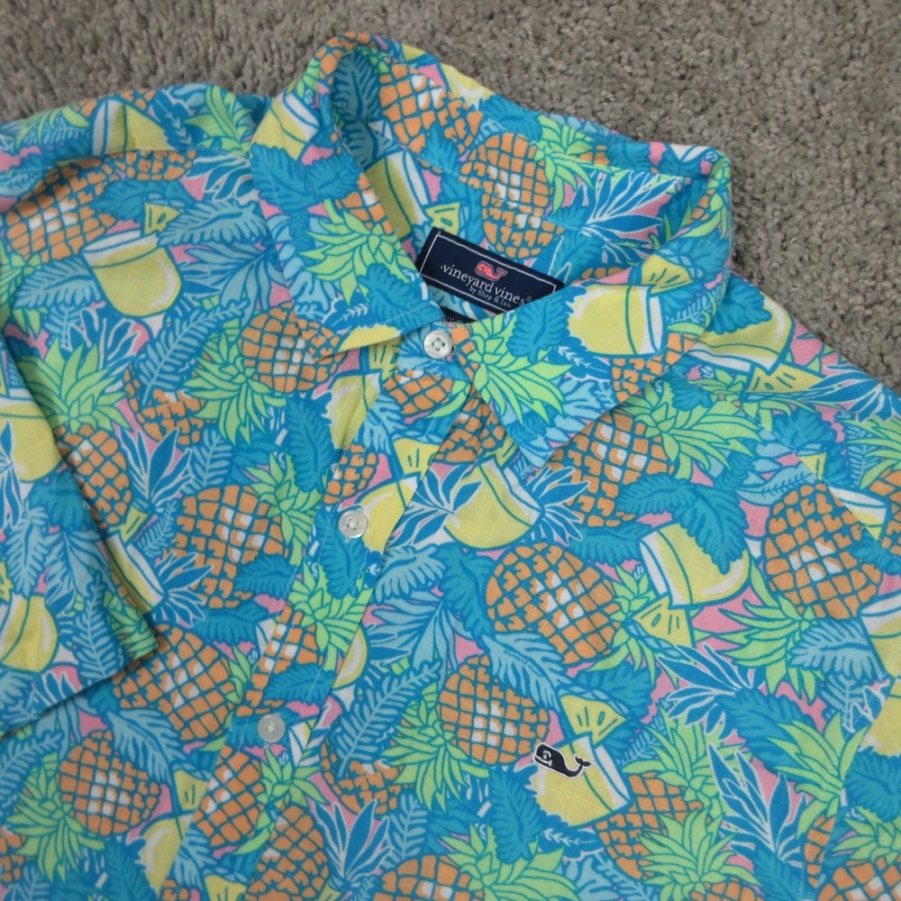 Vineyard Vines Shirt Mens Large Blue Geometric Graphic Print Pineapple Hawaiian